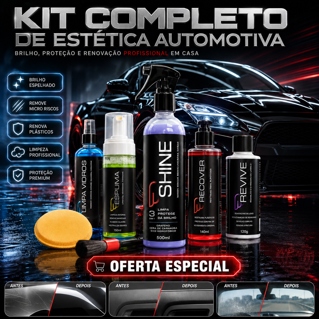 Kit Completo House Of Motors Shine + Recover + Espuma + Revive + Limpa Vidros